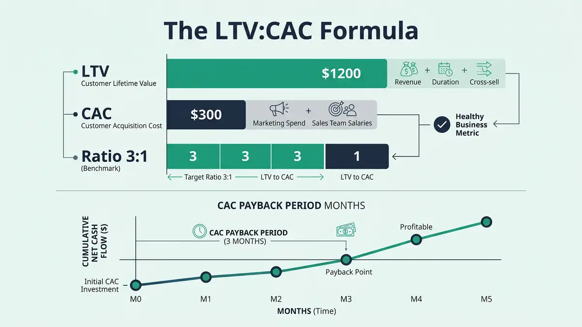 LTV to CAC ratio formula diagram showing benchmark 3:1 ratio with bars comparing lifetime value against customer acquisition cost and payback period timeline