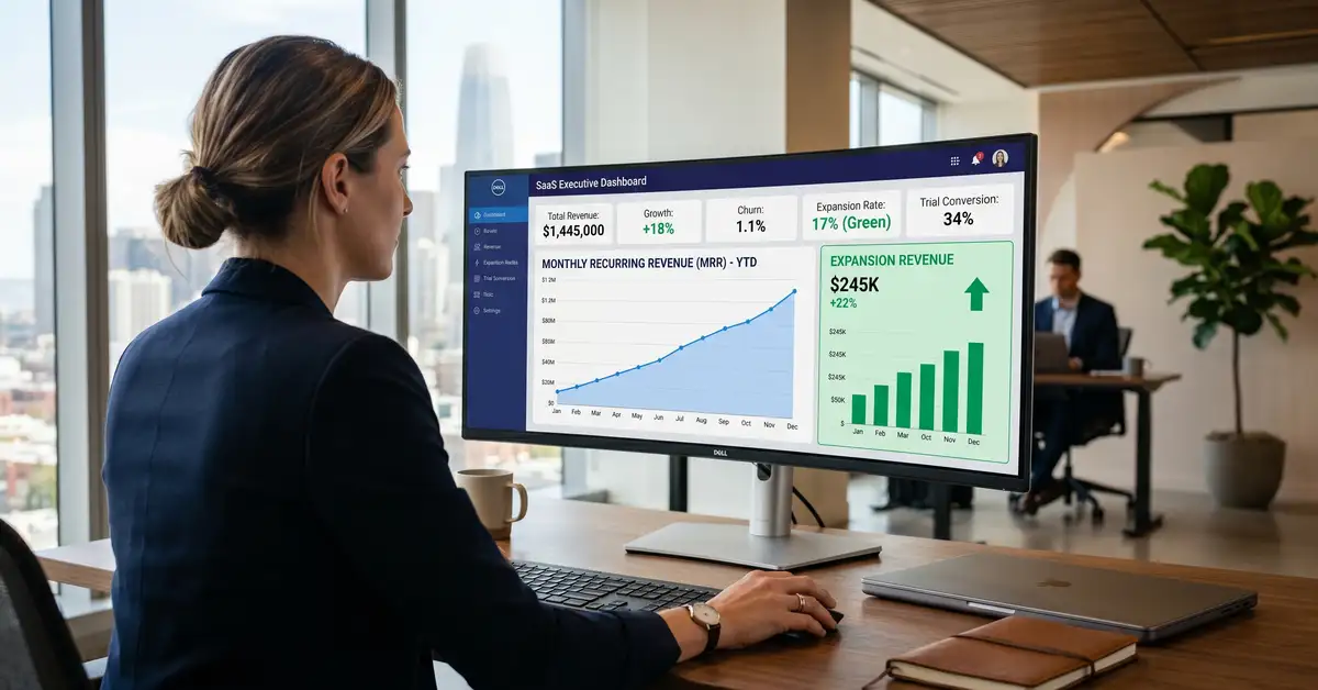 Mid-market B2B SaaS executive reviewing monthly recurring revenue dashboard showing expansion, churn, and net new MRR metrics