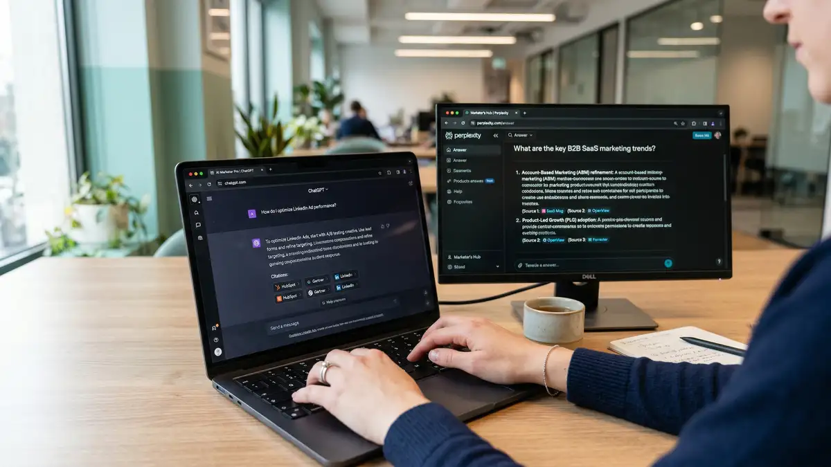 B2B marketer reviewing ChatGPT and Perplexity AI answer engines showing brand citations for answer engine optimization services