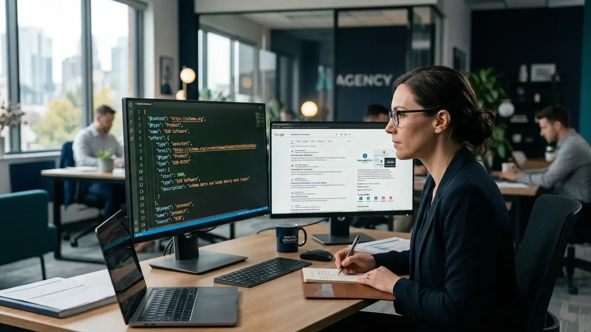 Answer engine optimization consultant reviewing structured data schema markup and brand SERP entity panels on dual monitors