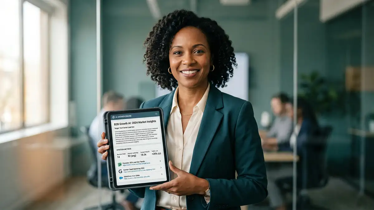 B2B marketing director holding tablet showing answer engine optimization citation metrics dashboard