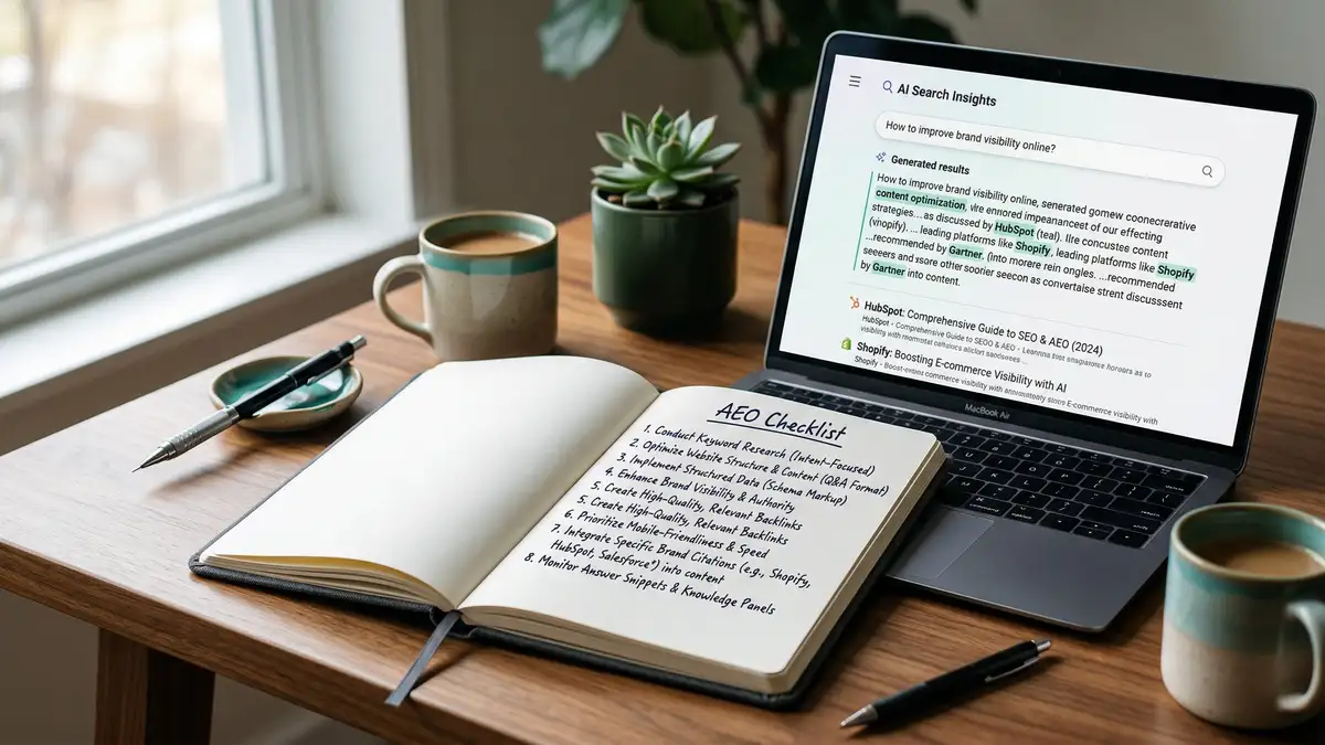 AEO checklist notebook beside laptop showing AI search results with brand citations highlighted for answer engine optimization audit