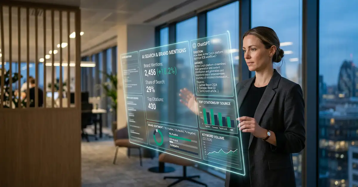 B2B marketing strategist viewing holographic dashboard of AI search citations and ChatGPT answer panels for answer engine optimization services