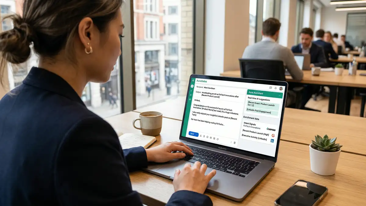 B2B sales rep composing personalized cold email with AI suggestions and live intent signal enrichment in modern minimalist workspace