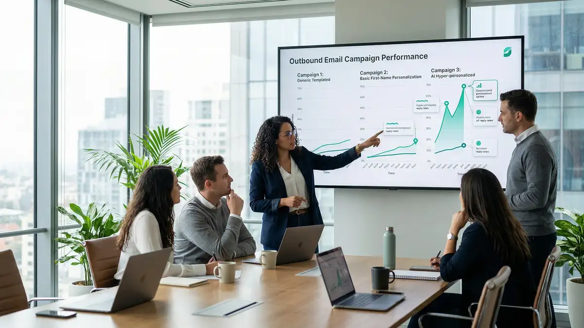 B2B revenue operations team analyzing wall display comparing reply rate curves for generic templated and AI hyper-personalized outbound email campaigns