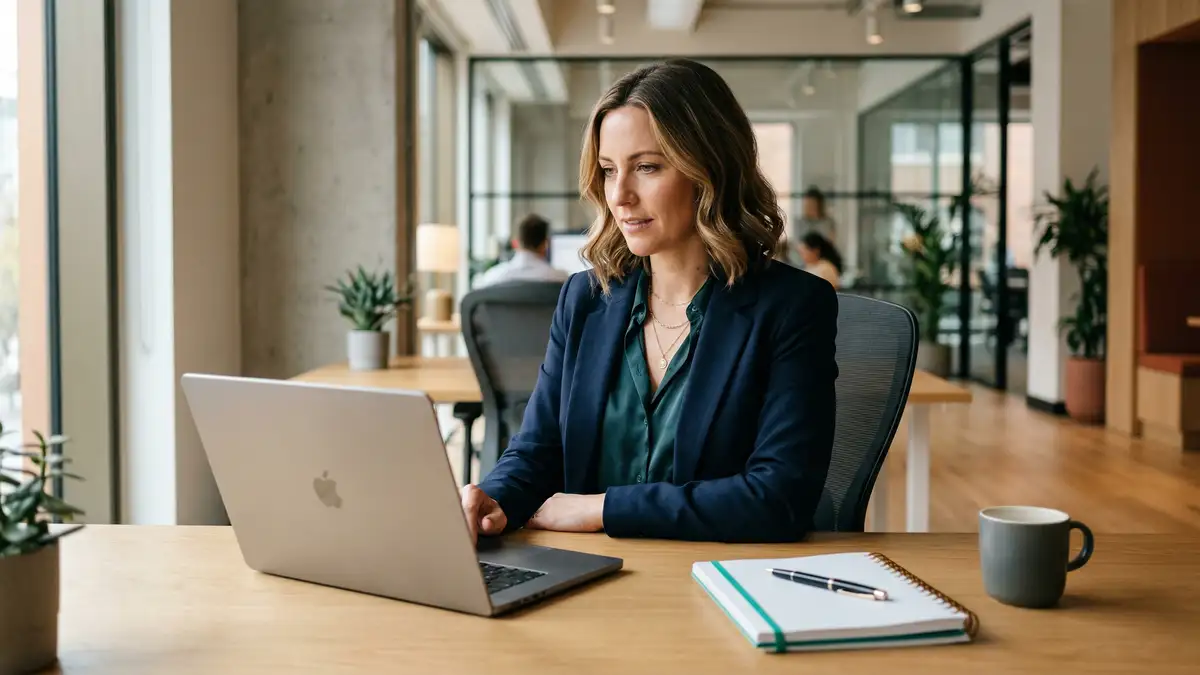 Confident female B2B sales operations director reviewing AI personalization suggestions on laptop in modern office