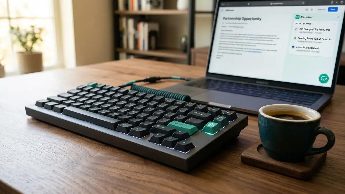 Macro close-up of mechanical keyboard and coffee cup with laptop displaying personalized B2B email draft and intent signals sidebar