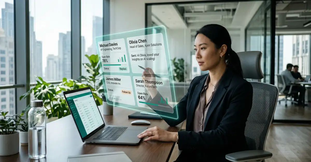 Hyper-personalized B2B cold email composition workspace with AI signal stacking and intent data enrichment overlay
