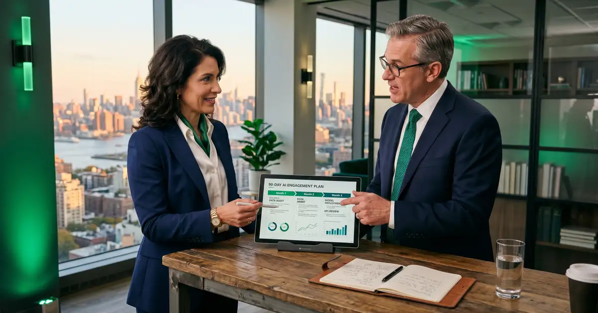 CEO and fractional AI officer reviewing ROI dashboard in focused strategic session