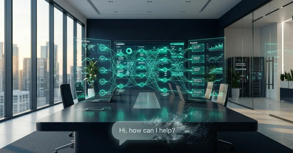 Autonomous AI agents collaborating across a B2B operations dashboard, symbolizing the agentic era beyond chatbots