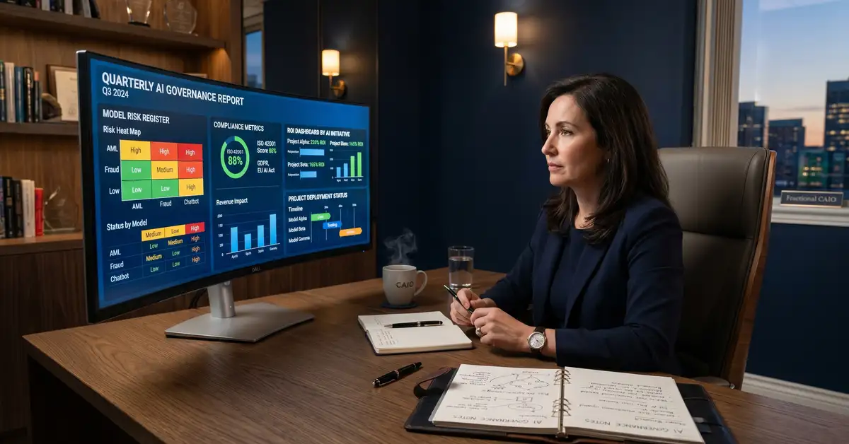 Premium executive workspace with fractional Chief AI Officer reviewing agentic workflow automation systems