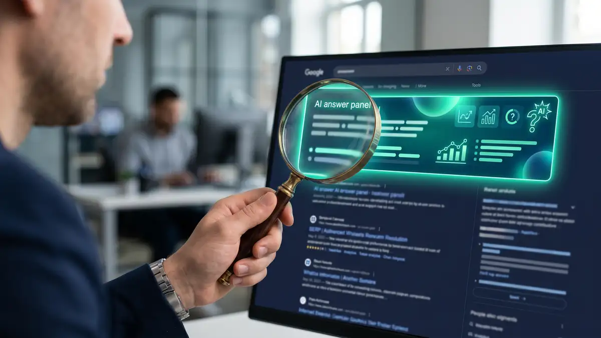 Magnifying glass over a search results page with an AI answer panel, diagnosing where the organic clicks went