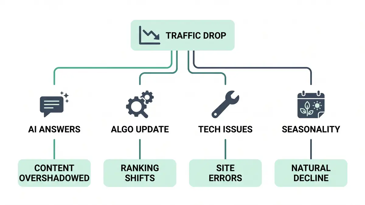 Decision-tree diagram for diagnosing a traffic drop across AI Overviews, core update, technical issue, and seasonal demand