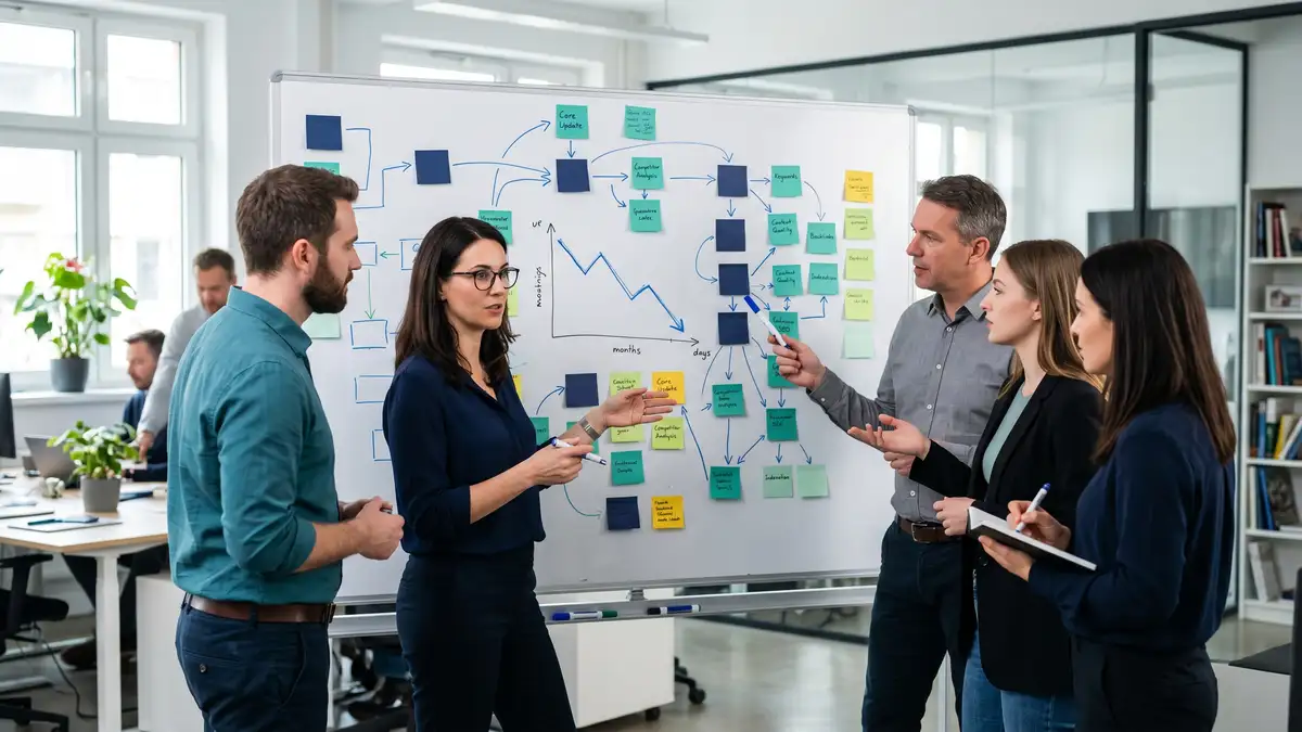 B2B team at a whiteboard mapping the causes of a search traffic decline during a diagnostic session