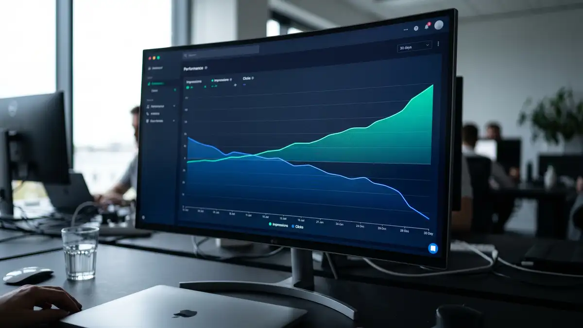 Analytics dashboard showing impressions rising while clicks fall, the great decoupling behind dropping organic traffic