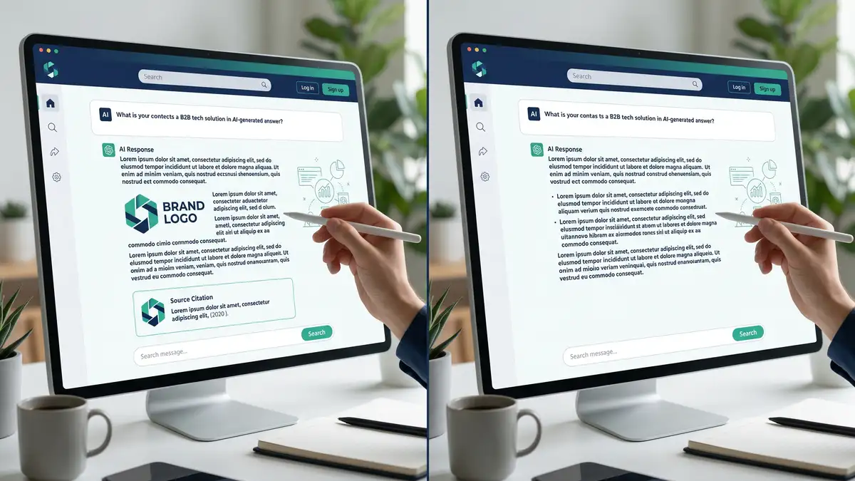 Split image contrasting a brand cited as a source in an AI answer versus being absent and invisible