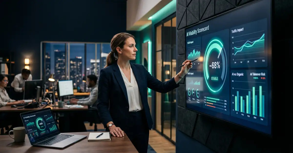 A B2B marketer running a quick AI visibility self-diagnosis on a screen showing a scorecard, checking if AI is eating their traffic