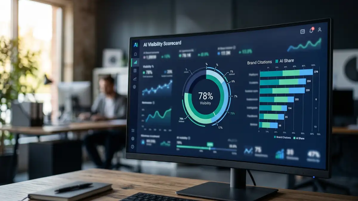 AI visibility scorecard dashboard showing a gauge and a share bar for how often a brand is cited across AI assistants