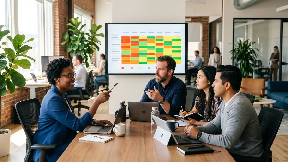 B2B sales-marketing pod of four people reviewing an account-engagement dashboard on a large monitor with intent-signal heatmap of target accounts