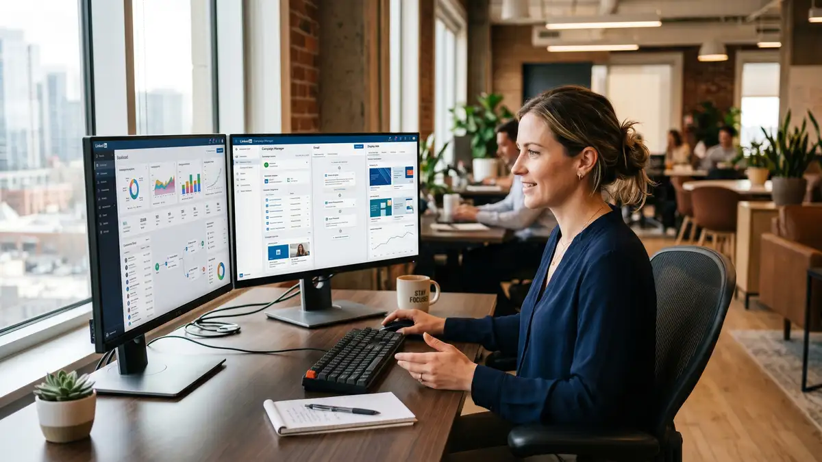 ABM specialist at a workstation orchestrating multi-channel outreach campaigns across LinkedIn email and display ad channels on dual monitors