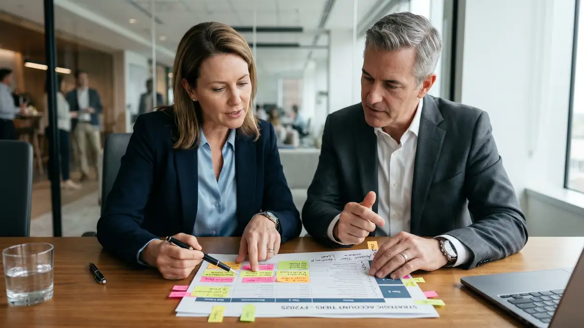 Two B2B SaaS executives reviewing a printed account-tier list with sticky notes marking strategic accounts during ABM target list construction