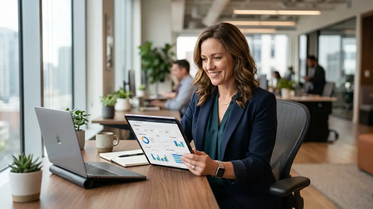 Confident B2B SaaS revenue operations leader at a modern desk reviewing an ABM platform dashboard on a tablet with account engagement signals