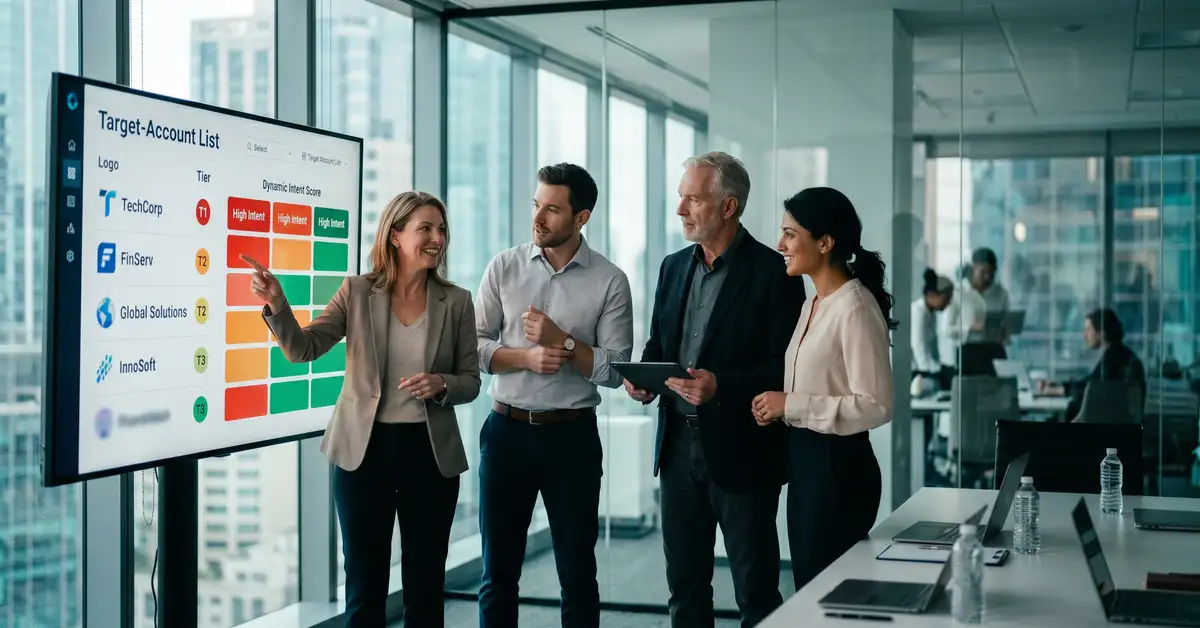 B2B SaaS marketing and sales leadership team in a modern boardroom reviewing a target-account list with tier indicators and intent score heatmap on a wall display during ABM strategy session
