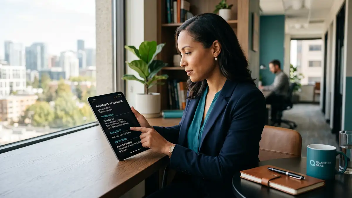 B2B SaaS account executive reviewing an enterprise contract on a tablet