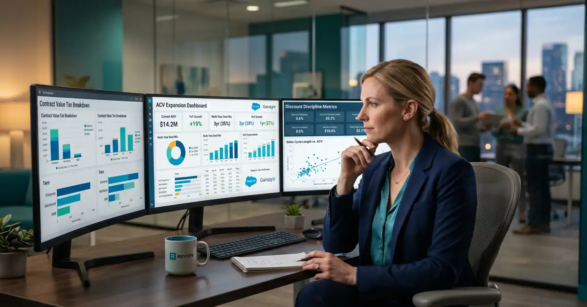 B2B SaaS revenue operations leader reviewing ACV expansion dashboards