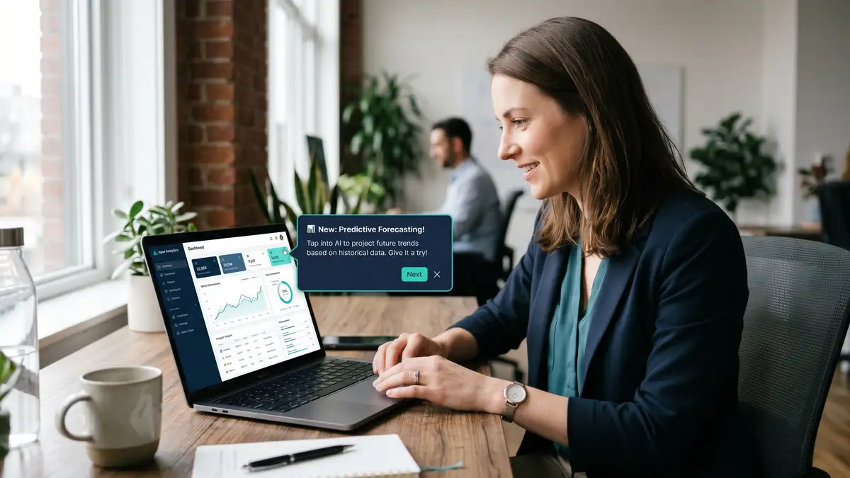 In-app feature discovery moment: SaaS user seeing tooltip walkthrough