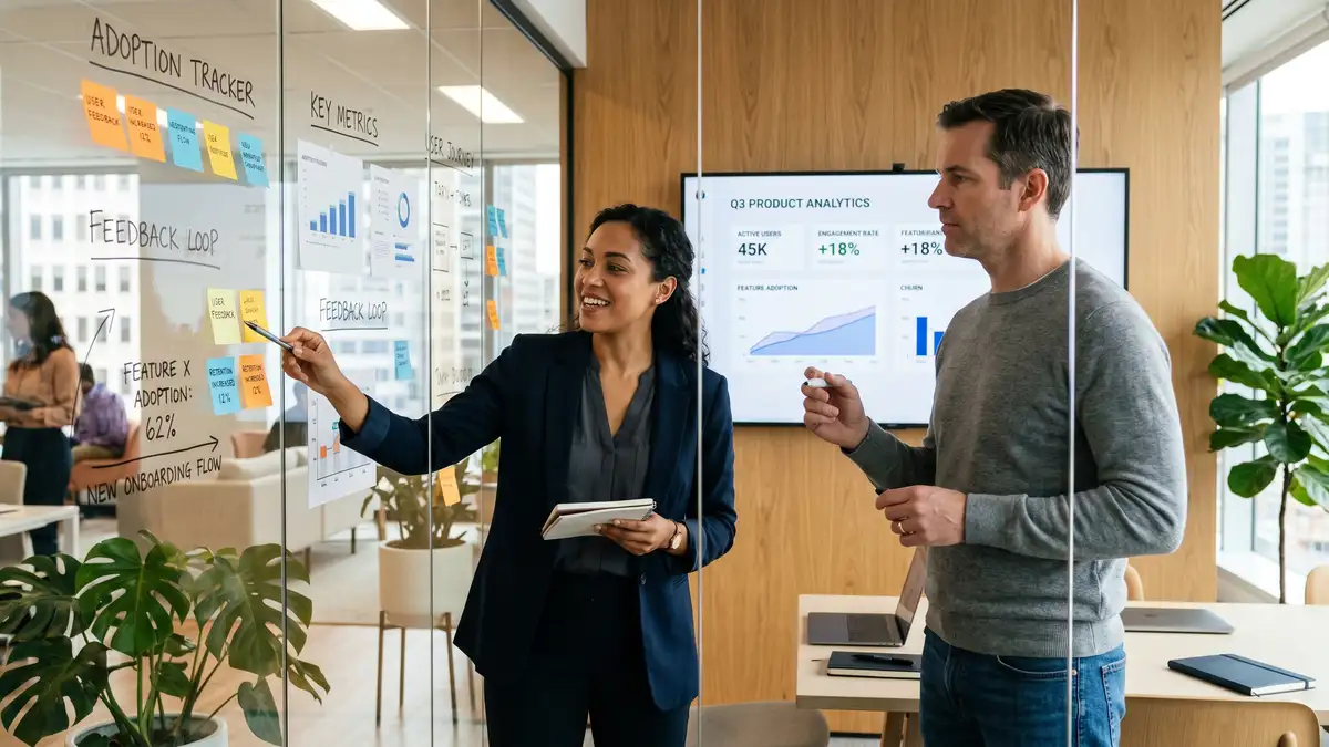 Customer success and product manager collaborating on feature adoption metrics