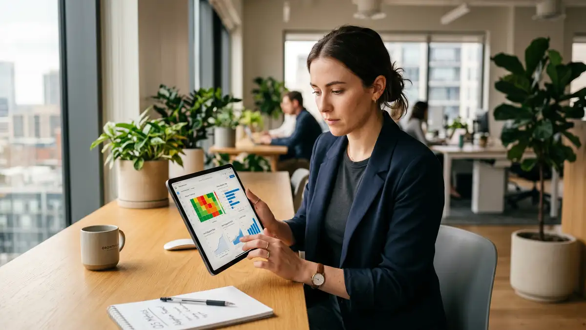 Product growth manager analyzing feature adoption metrics on tablet