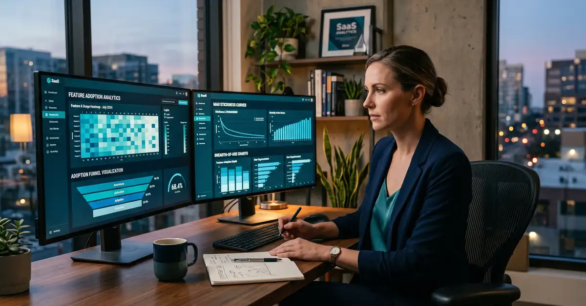 B2B SaaS product manager studying feature adoption analytics dashboards