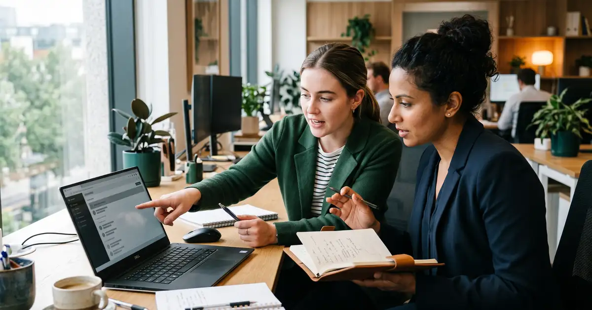 Two colleagues at a professional services firm compare a vendor shortlist on a laptop, the working reality behind answer engine optimization for B2B services
