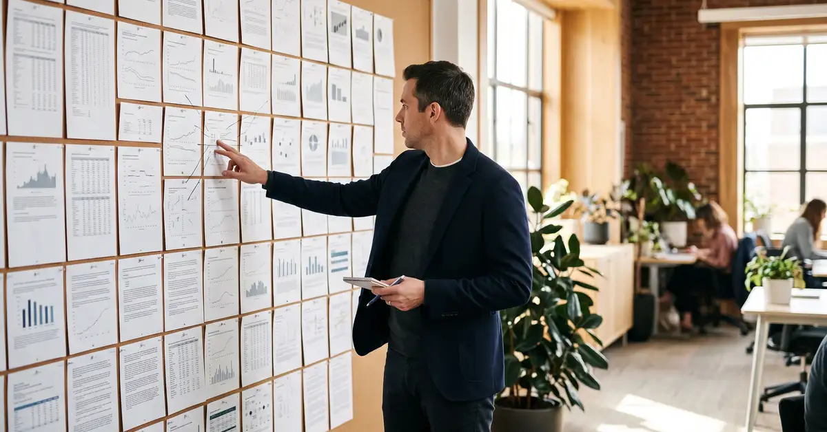 A consultant studies patterns across printed pages pinned in a grid, reviewing AEO corroboration sources for a B2B services firm