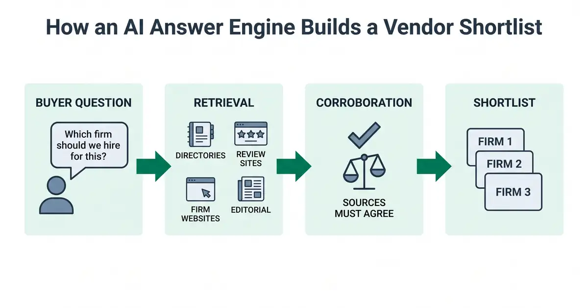 Diagram showing how an AI answer engine builds a vendor shortlist from a buyer question through retrieval and corroboration to three named firms