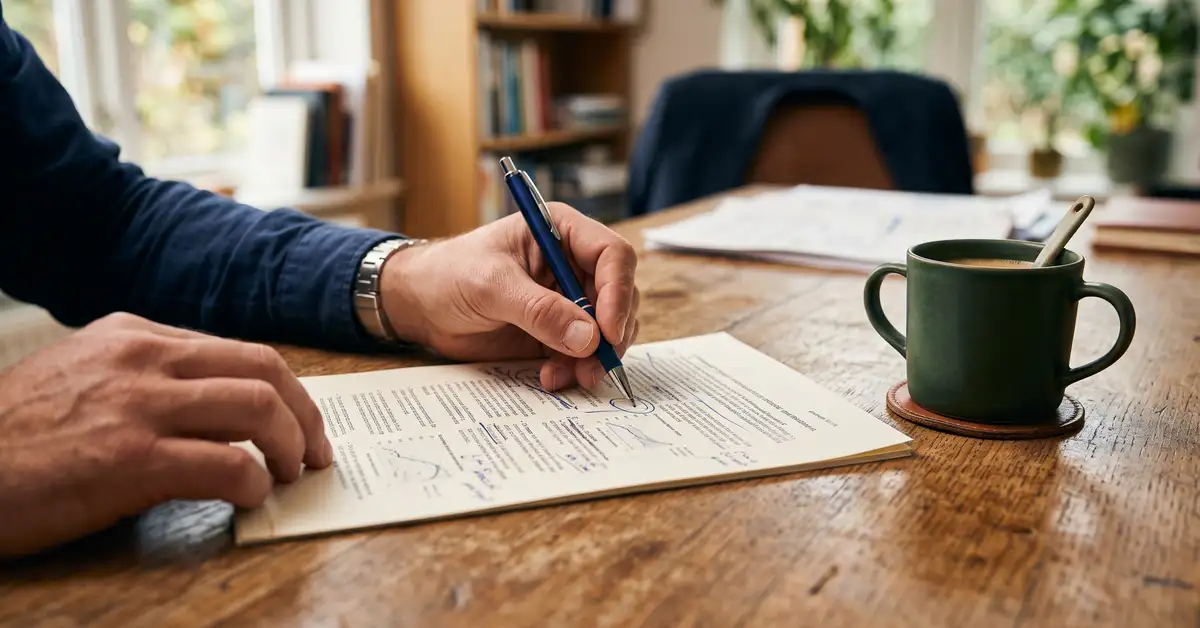 Hands annotating a printed document, the manual audit work behind answer engine optimization for B2B service firms