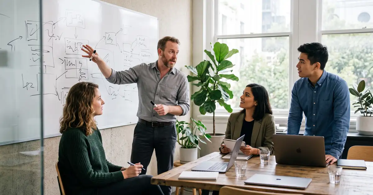 A small team discusses AI visibility measurement around a whiteboard in a bright meeting room