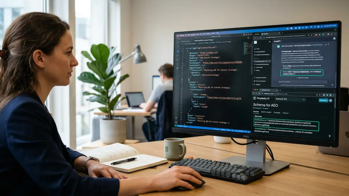 Content strategist screen showing structured data schema markup code alongside AI search citations from ChatGPT and Perplexity for AEO optimization
