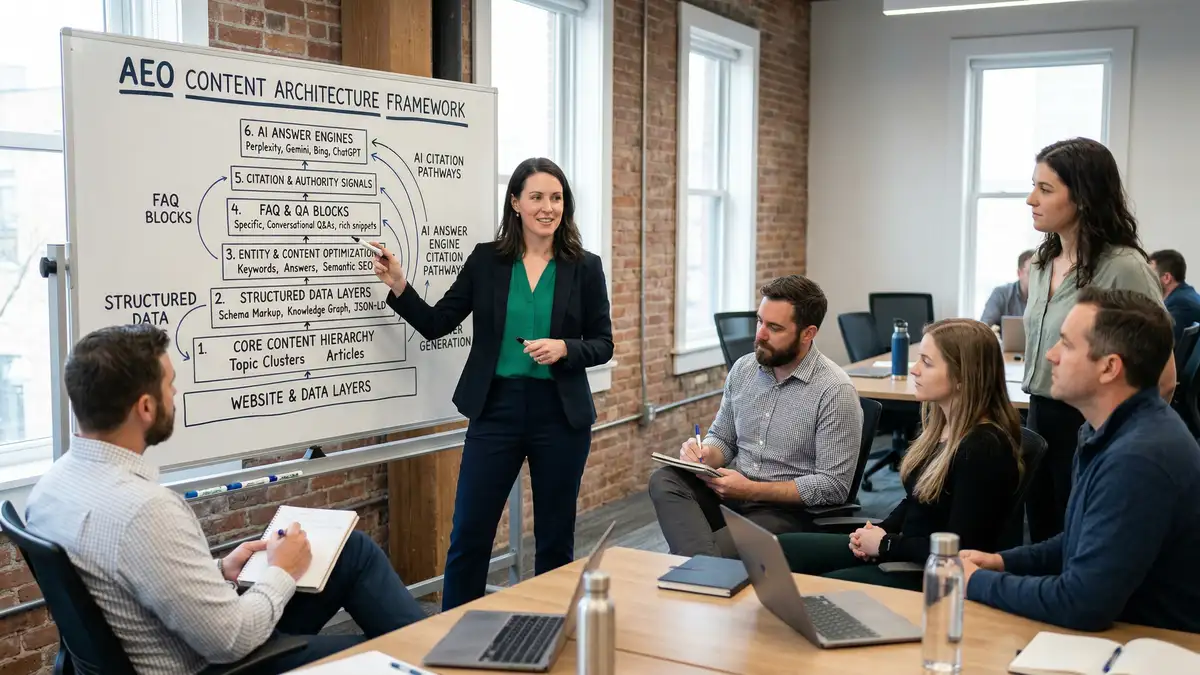 B2B executive presenting AEO content architecture framework to team with whiteboard showing FAQ schema and structured data citation pathways