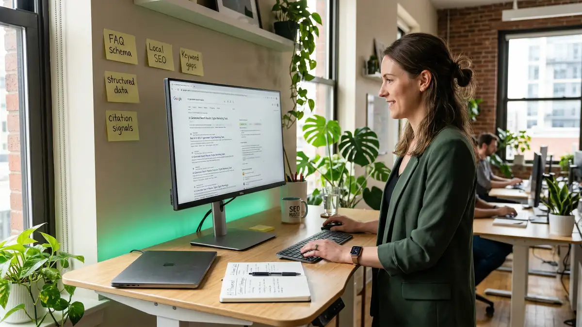 Digital marketing professional reviewing AI search citation signals and structured data schema markup in a modern tech workspace
