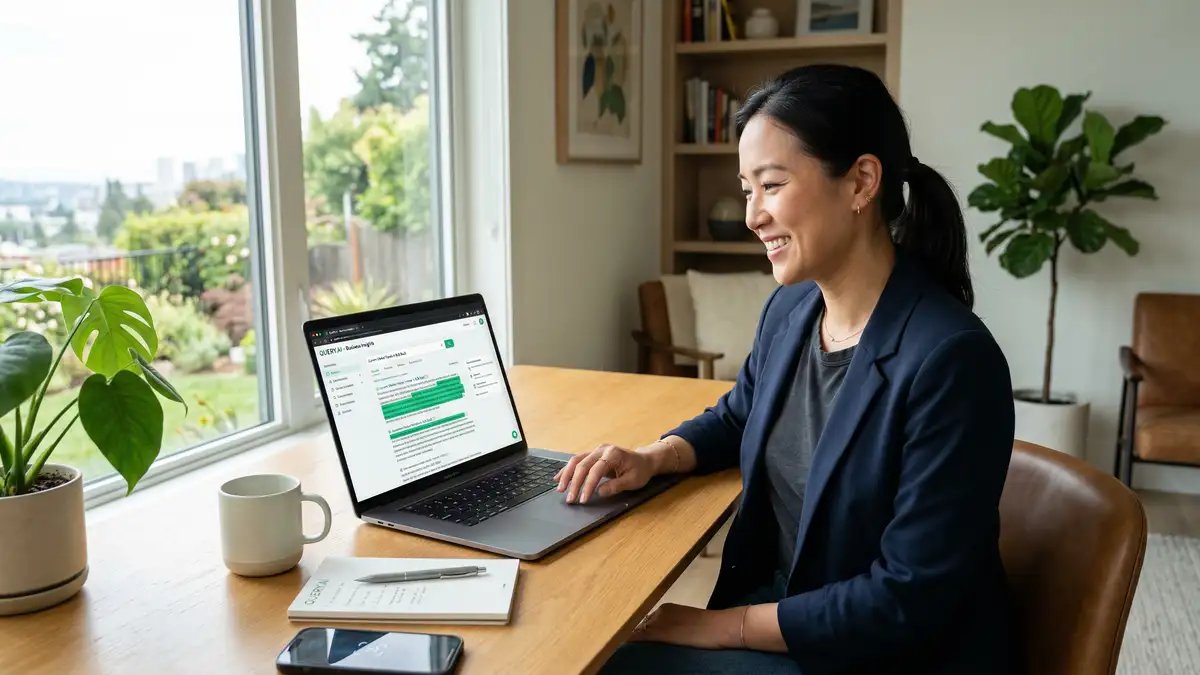 B2B founder working from a premium home office with laptop showing AI search citations highlighted in green for AEO strategy