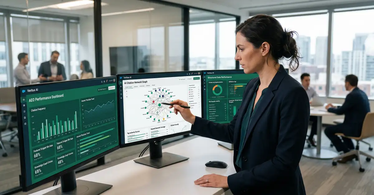 B2B marketing strategist reviewing AEO answer engine optimization metrics and structured data performance charts on multiple screens in a modern office