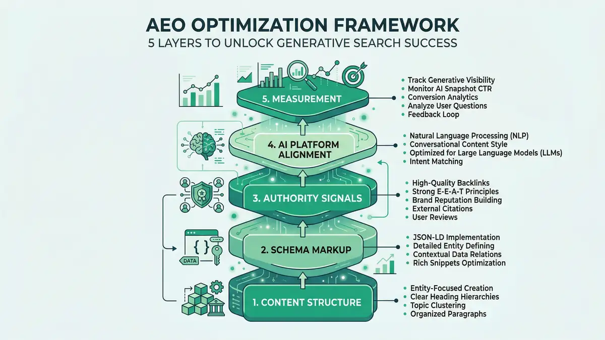 Technical infographic diagram showing the five-layer AEO optimization framework: Content Structure, Schema Markup, Authority Signals, AI Platform Alignment, and Measurement