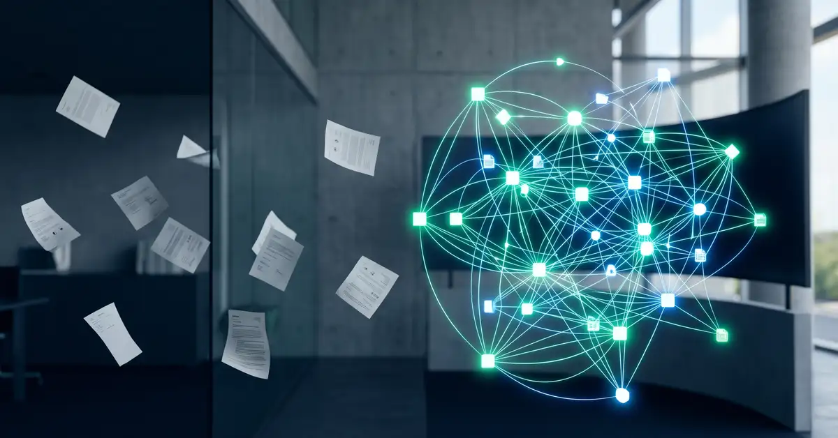 Scattered disconnected documents on one side versus a tightly interconnected web of content nodes on the other