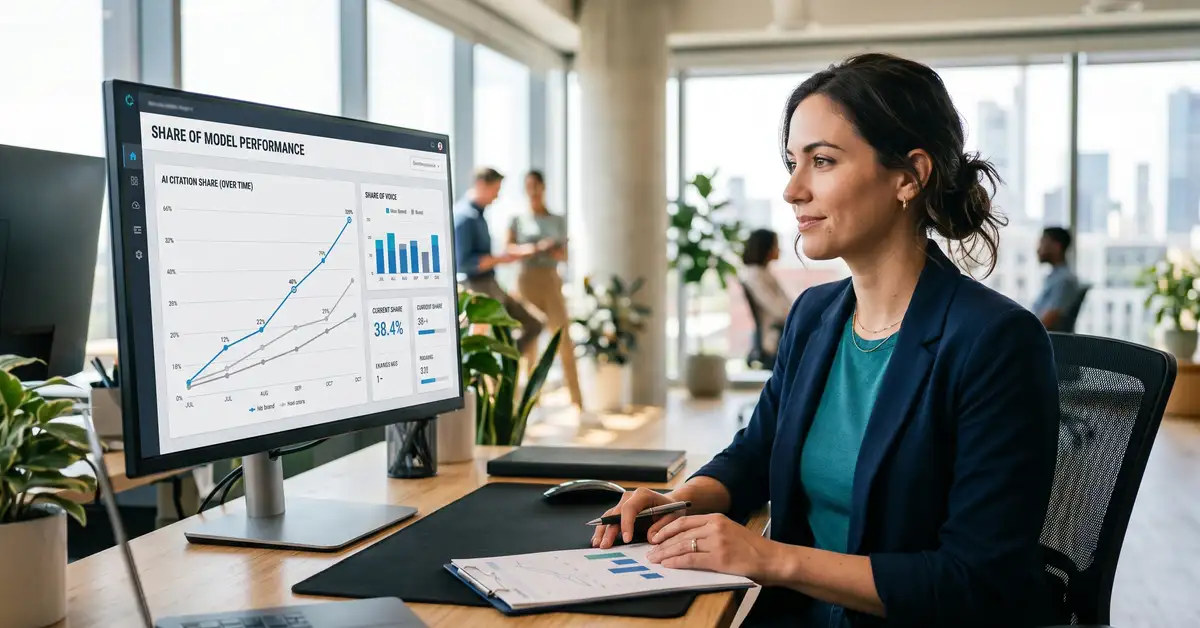 A marketer reviewing a rising Share of Model dashboard showing AI citation share climbing over time