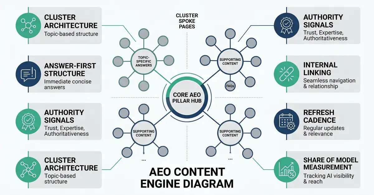 An AEO content engine diagram with a central pillar hub connected to cluster spokes and labelled components