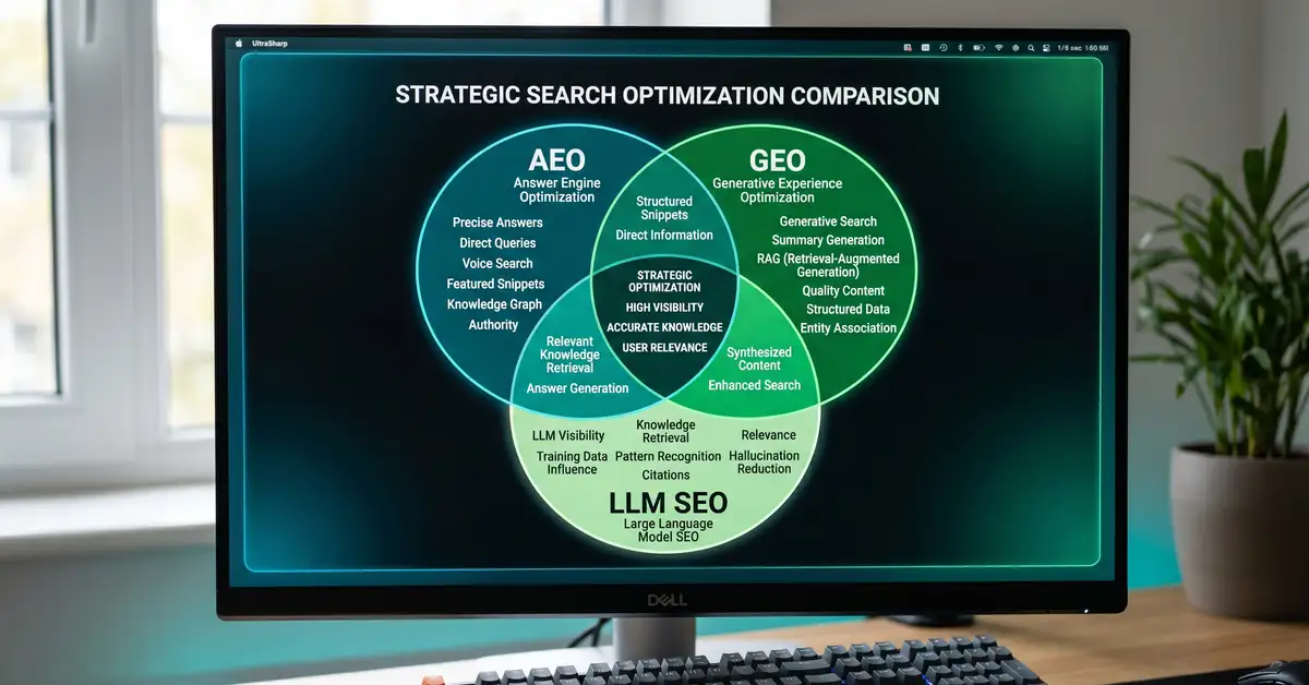 A venn-diagram style comparison of three overlapping circles labelled AEO, GEO, and LLM SEO with a shared centre