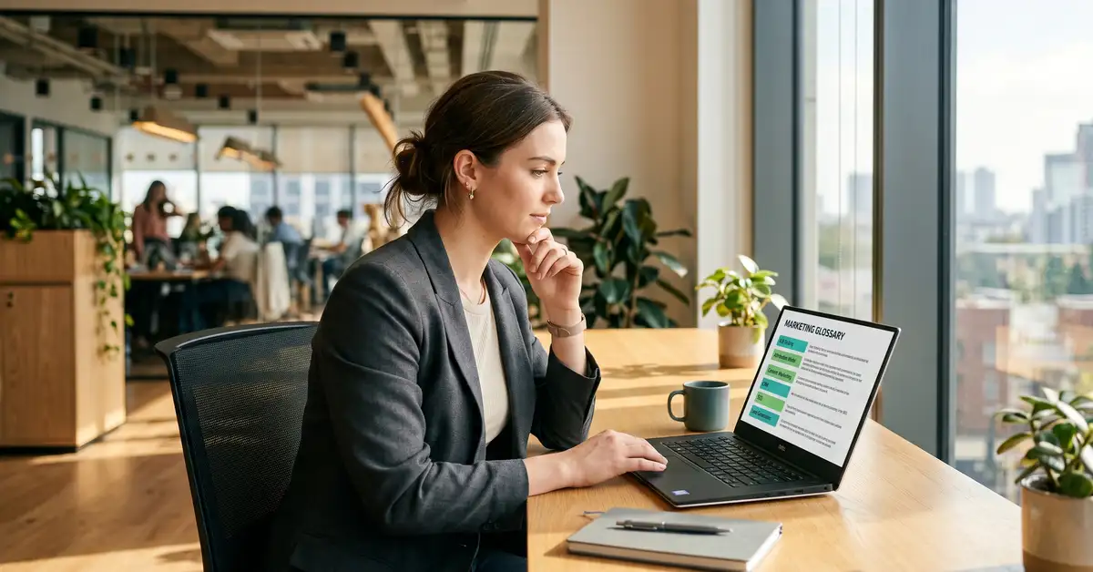 A business professional reading a clear glossary of AI search marketing terms on a laptop