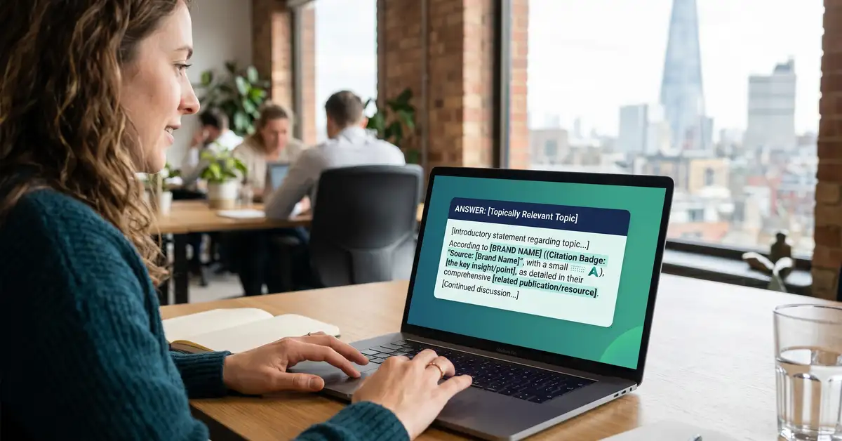 An AI-generated answer panel that quotes and cites a brand as its source, with a citation badge visible